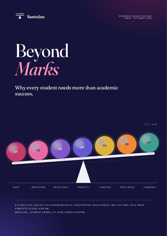 Cover of the research article Beyond Marks, with the seven-colour Santulan balance beam.